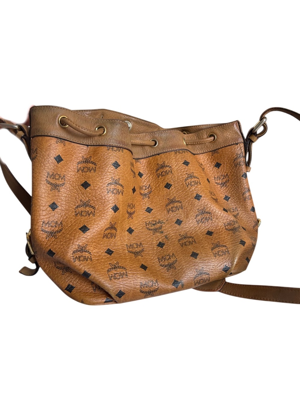 MCM Vintage Cognac Visetos Monogram Drawstring Bucket Bag - Picture 2 of 9